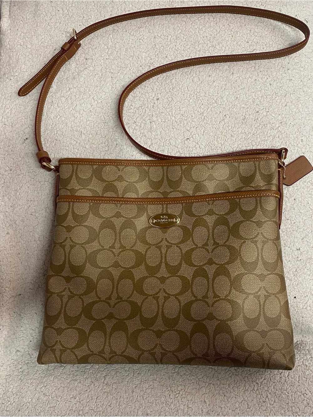 Coach Khaki Signature Canvas Crossbody with Light Brown Trim